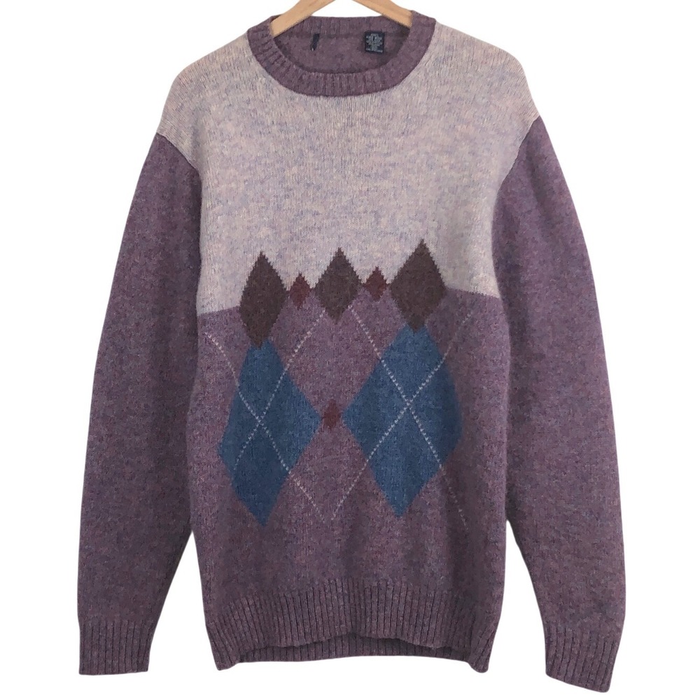 VTG 100% Pure Wool Argyle Sweater Mens 2XLT Purple Heathered Crew Neck Hong Kong